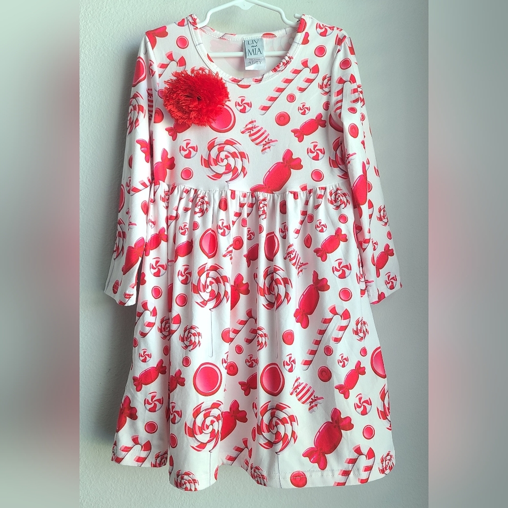 Mia Belle- Girls Candy Cane Long Sleeve Holiday Dress, Sz 4T